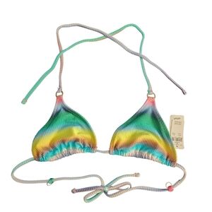 Aerie Shine Rib String Triangle Bikini Top Vibrant Rainbow Stripe Convertible